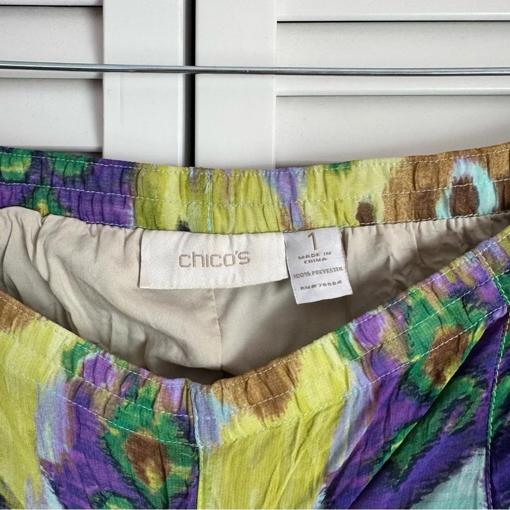 Chico's Pleated Crinkle Broomstick Pull-On Maxi Skirt Abstract Peacock Size 1